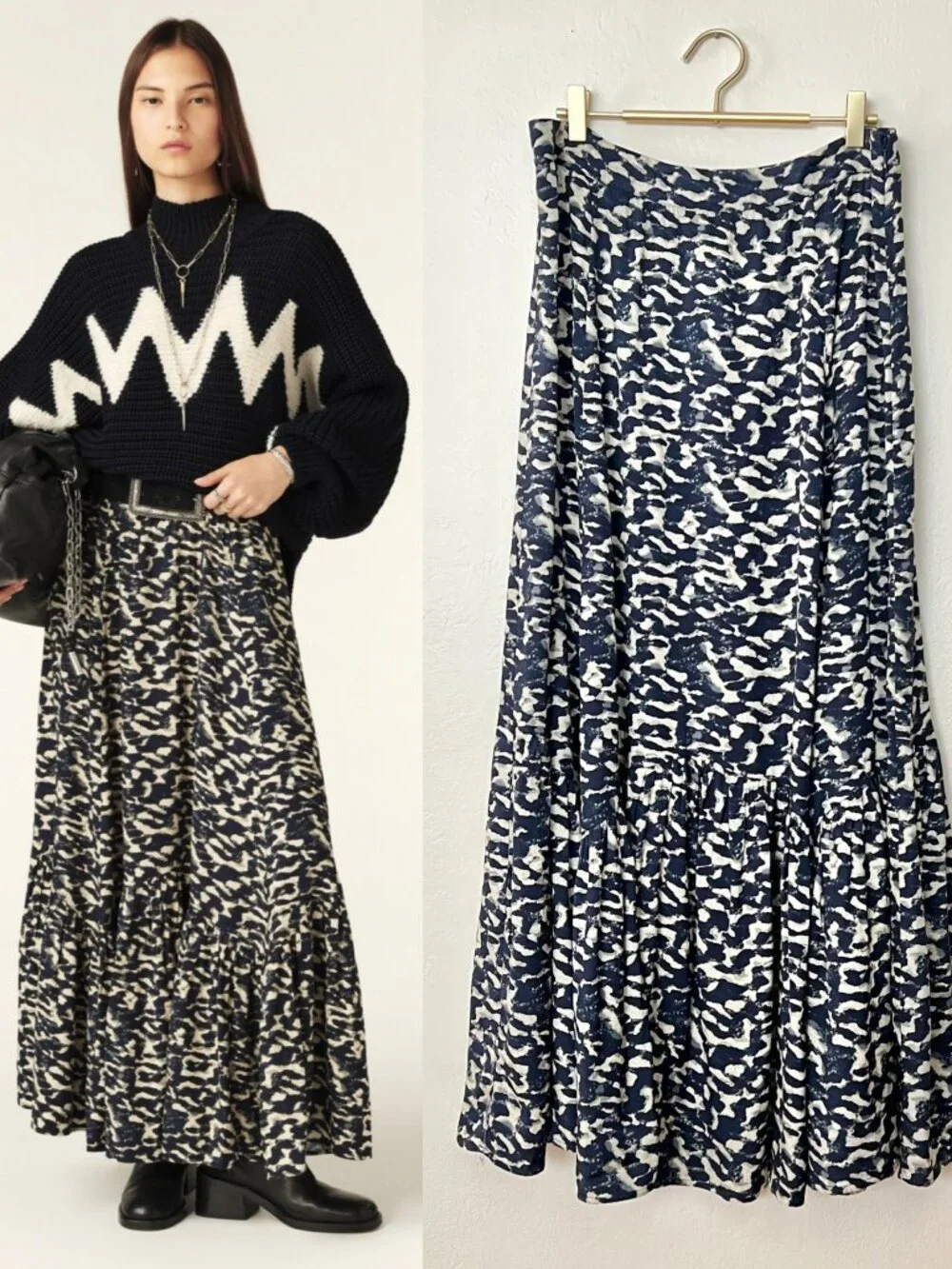 NWT ba&sh Sustainable Fashion 100% Viscose Animal Print Tiered Maxi Skirt Sz 12